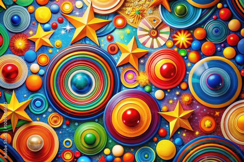 Colorful abstract design featuring circles and stars creating a vibrant and dynamic composition Colorful abstract design featuring circles and stars creating a vibrant and dynamic composition