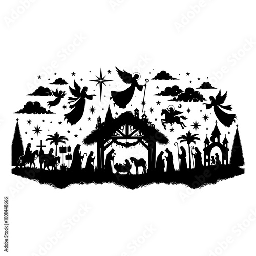 Christmas Nativity Scene Silhouette Vector Illustration