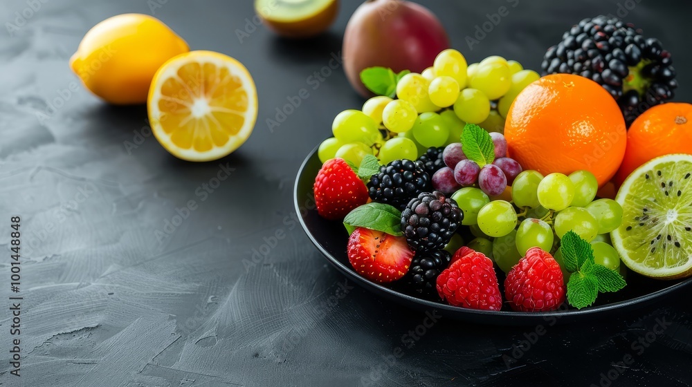 Mixed fruits on a dark background, dramatic and fresh Mixed fruits on a dark background, dramatic and fresh