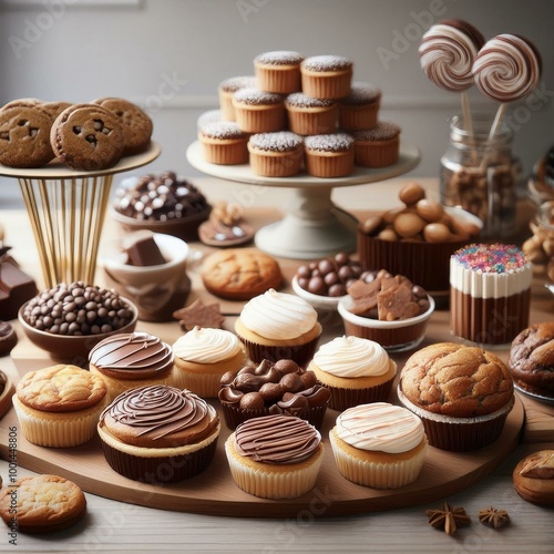 Table with various cookies, tarts, cakes, cupcakes and cakepops