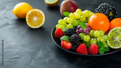 Mixed fruits on a dark background, dramatic and fresh