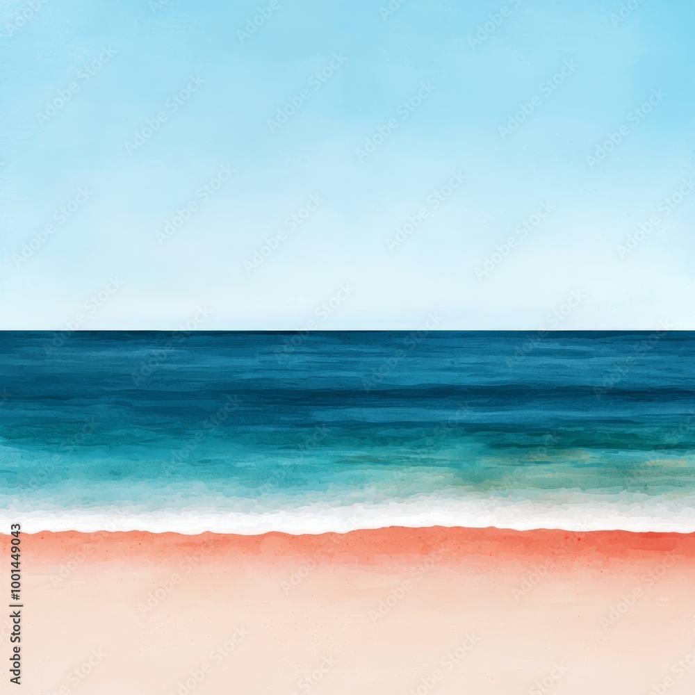 Obraz premium Serene seaside view with vibrant ocean waves gently meeting the sandy shore under a clear blue sky.
