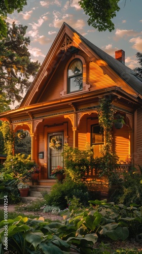 Charming Craftsman house in warm orange tones, highlighted by detailed woodwork and lush greenery, captured at sunset.