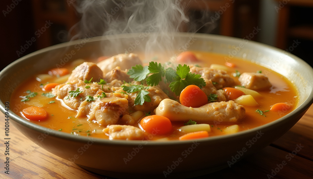 Homemade chicken soup in warm tones representing comfort food and nourishment perfect for fighting off flu and colds Homemade chicken soup in warm tones representing comfort food and nourishment perfect for fighting off flu and colds