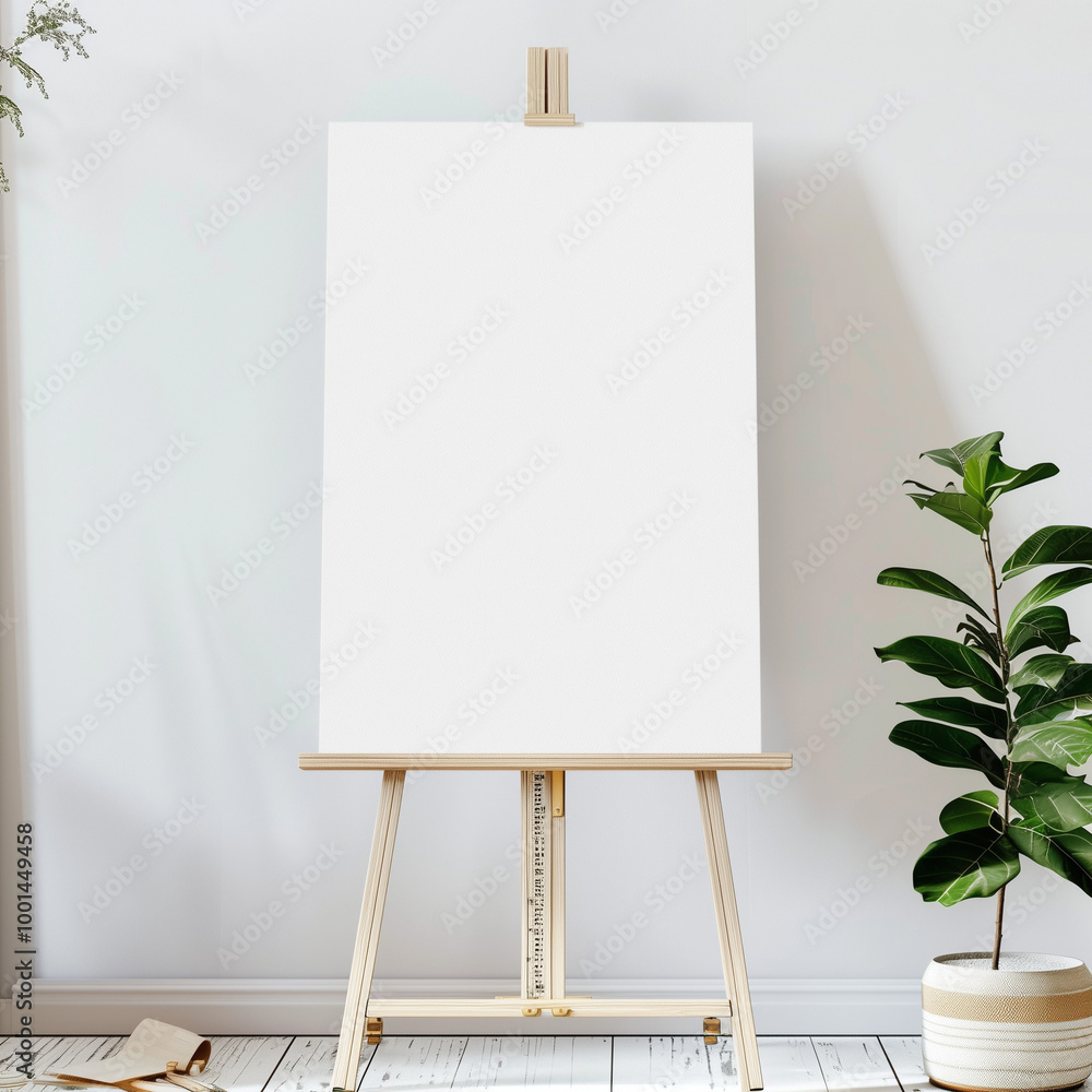 Minimalist Scandinavian indoor aesthetic Vertical poster board, sign on stand mockup, simple white background and plant Minimalist Scandinavian indoor aesthetic Vertical poster board, sign on stand mockup, simple white background and plant