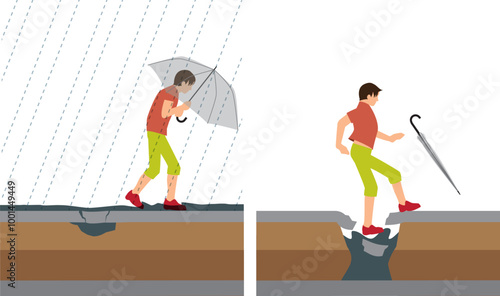 大雨によってできたアスファルト道路の穴。道路が陥没して人が落ちるイメージイラスト