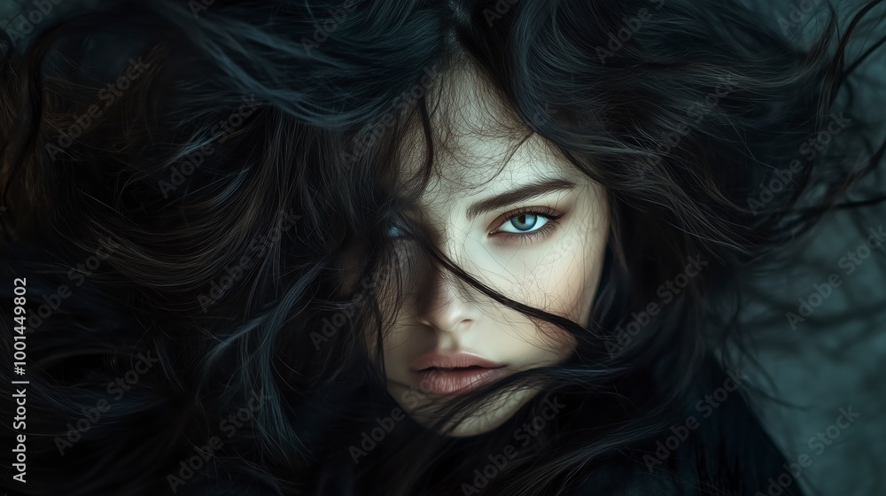 Mujer con un pelo largo de color negro y castaño, concepto de belleza, peluquería, maquillaje Mujer con un pelo largo de color negro y castaño, concepto de belleza, peluquería, maquillaje