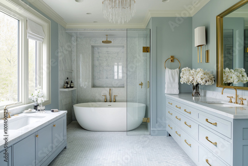 An elegant master bathroom featuring a large freestanding tub and a custom marble vanity with twin sinks. The floor is covered in hexagonal tiles, and the walls are painted in a soothing pale blue. Go