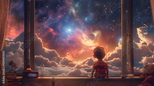 A boy sitting in a space house, looking at the stars and planets from his home window. photo