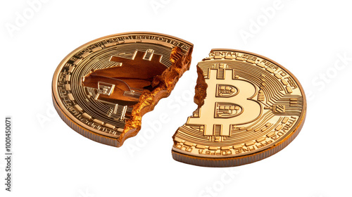 Fractured Bitcoin symbolizing cryptocurrency instability, broken coin, financial risks, digital asset volatility Isolated on white background or PNG