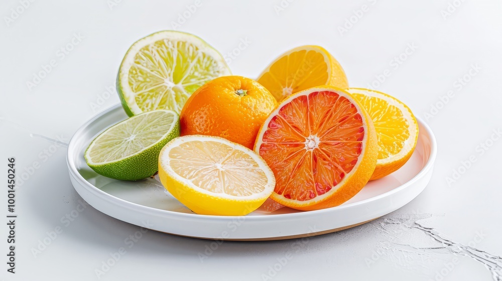 Bright citrus fruits on a white plate, clean and fresh Bright citrus fruits on a white plate, clean and fresh