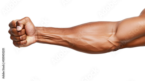 Muscular arm flexed, clenched fist, isolated white background, emphasizing strength, veins prominent, healthy physique Isolated on white background or PNG