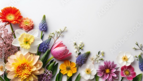Various spring flowers on a white background. Copy space.