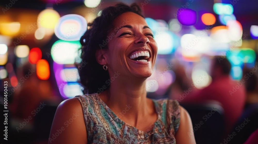 With a beaming smile, a woman proudly displays her winning bingo card in a packed bingo hall, enjoying her big win With a beaming smile, a woman proudly displays her winning bingo card in a packed bingo hall, enjoying her big win