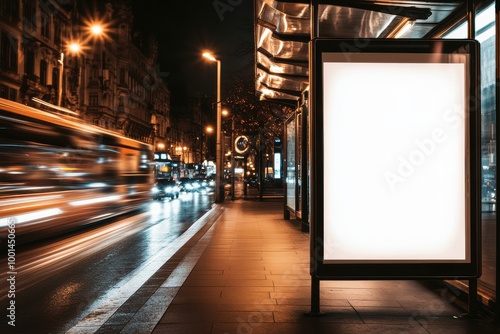 Blank advertising poster mockup at night bus stop with city lights