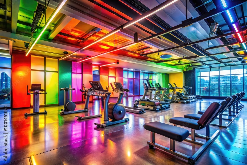 Colorful and Vibrant Background of a Modern Gym Interior for Fitness and Exercise Themes Colorful and Vibrant Background of a Modern Gym Interior for Fitness and Exercise Themes