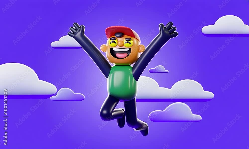 Joyful 3D Cartoon Character Jumping in the Air with a Blue Background and Clouds Joyful 3D Cartoon Character Jumping in the Air with a Blue Background and Clouds