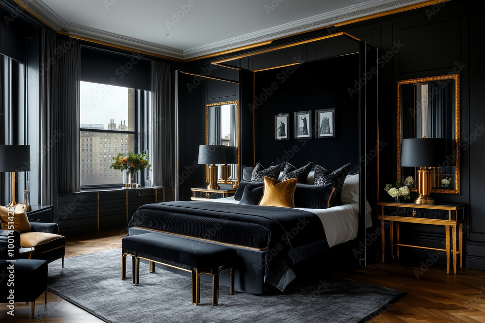 A dramatic black-and-gold bedroom with a striking black accent wall ...