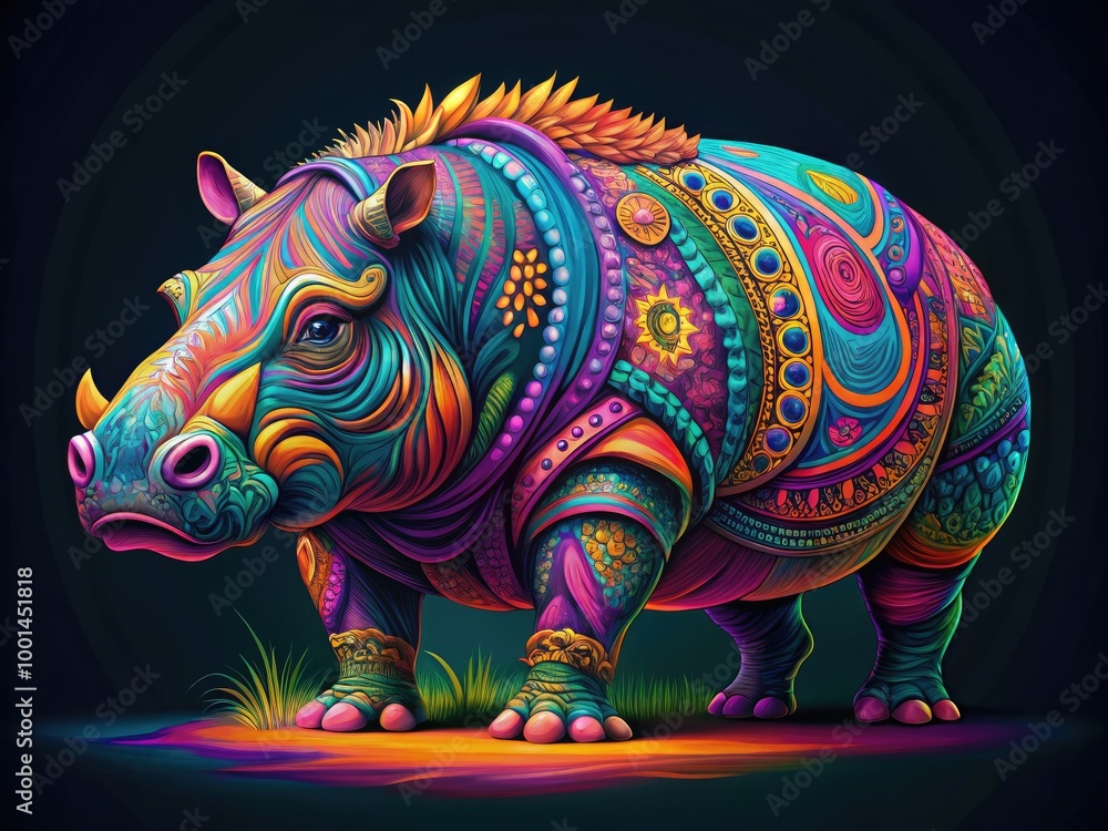 Fototapeta premium Colorful Art Hippo Illustration with Abstract Patterns and Vibrant Designs for Creative Projects