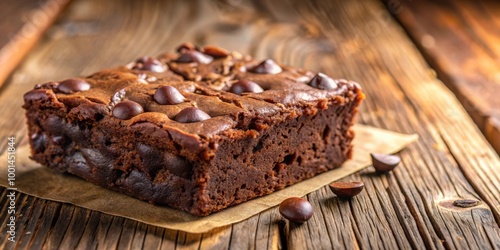 Delicious Sweet Chocolate Chip Brownie Dessert Bar on Wooden Background