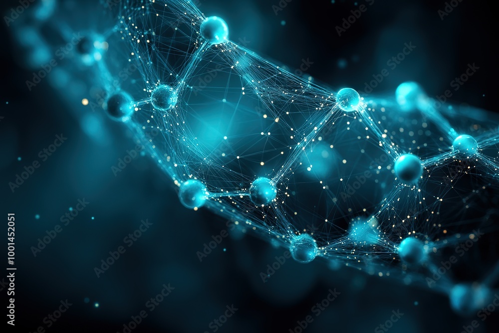 A blue and white image of a strand of molecules A blue and white image of a strand of molecules