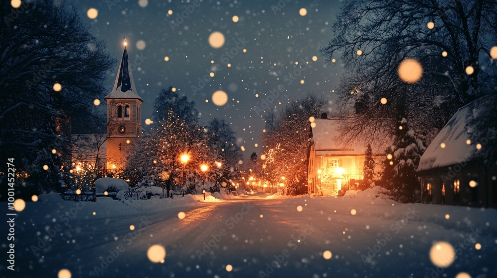 Fototapeta premium Snowy Village Scene at Night