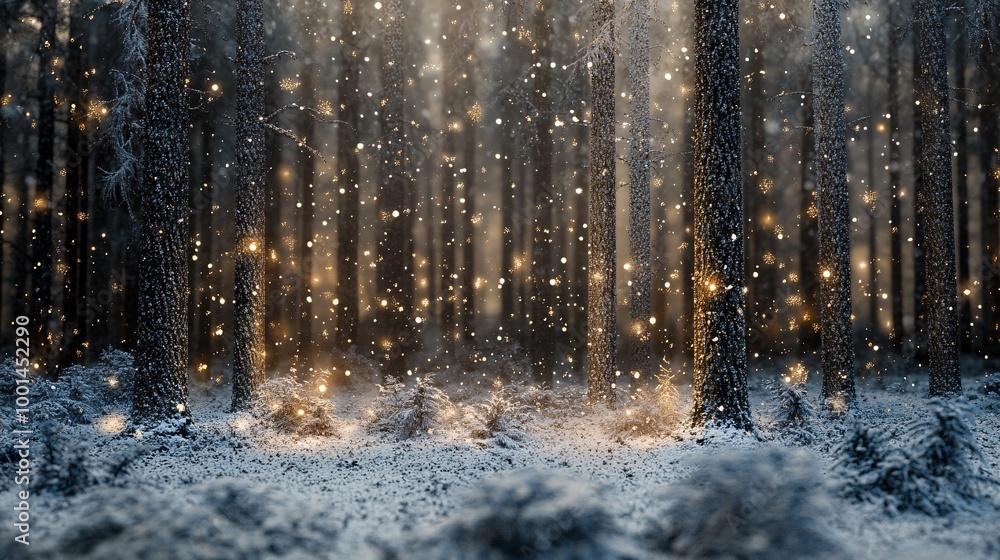 Snowy Forest Scene with Glimmering Pine Trees Snowy Forest Scene with Glimmering Pine Trees