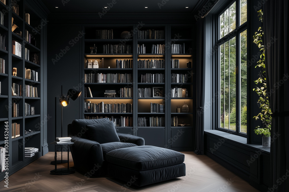 A monochromatic home library with floor-to-ceiling built-in bookshelves and a cozy reading nook. The walls and shelves are painted a deep charcoal gray, with a plush black velvet armchair positioned b A monochromatic home library with floor-to-ceiling built-in bookshelves and a cozy reading nook. The walls and shelves are painted a deep charcoal gray, with a plush black velvet armchair positioned b