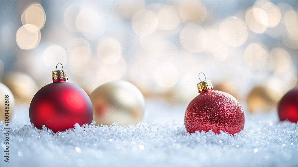 Red and Gold Christmas Ornaments on Snowy Surface Red and Gold Christmas Ornaments on Snowy Surface
