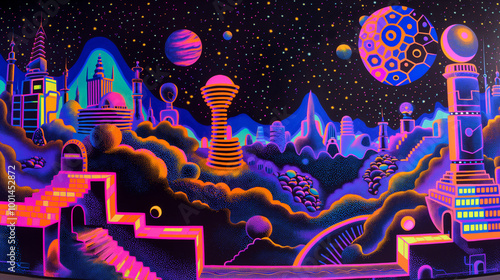 Blacklight painting of psychedelic geometric patterns with neon colors, a futuristic cityscape with glowing structures and spheres floating in the air, a surreal landscape photo