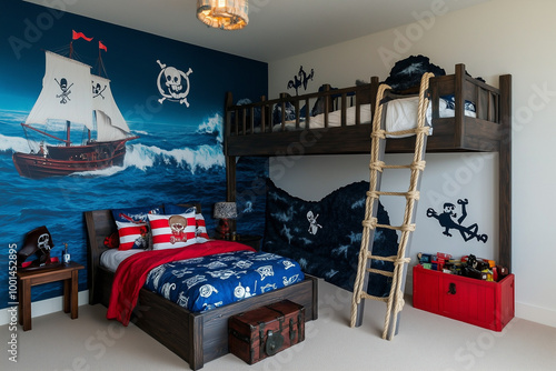 A playful kids’ bedroom with a bunk bed designed to look like a pirate ship. The walls are painted in shades of blue and white, with a large mural of the ocean. A rope ladder leads to the top bunk, wh photo