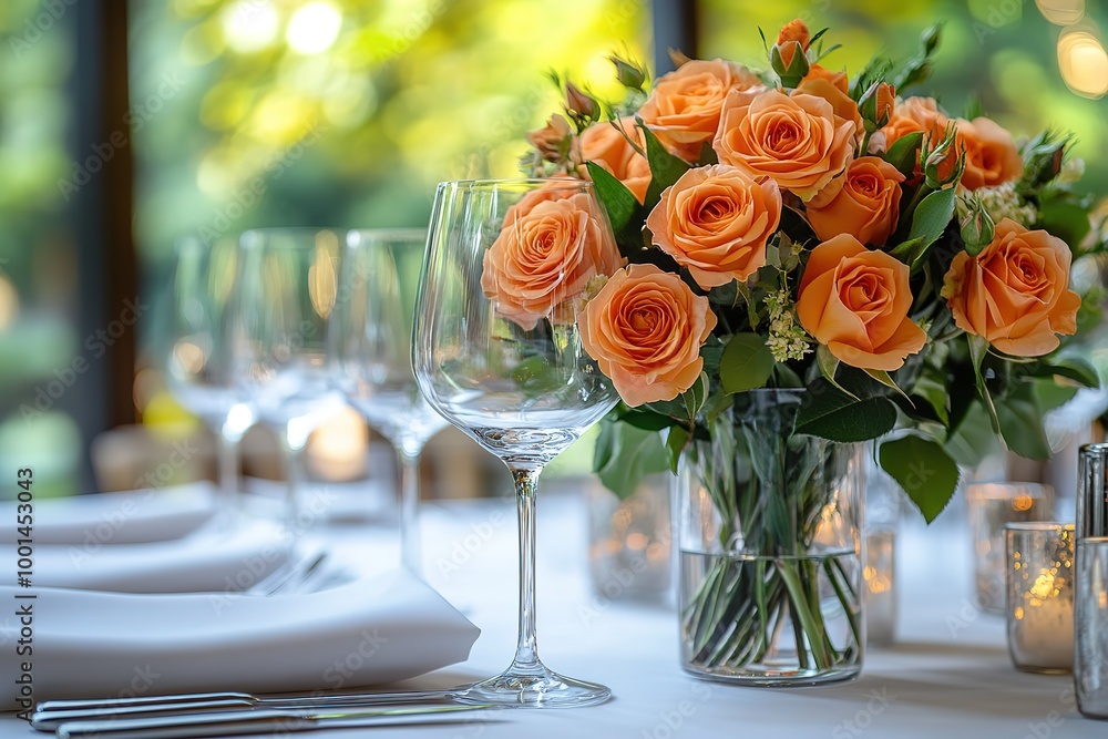 A table with a vase of orange roses and a wine glass A table with a vase of orange roses and a wine glass