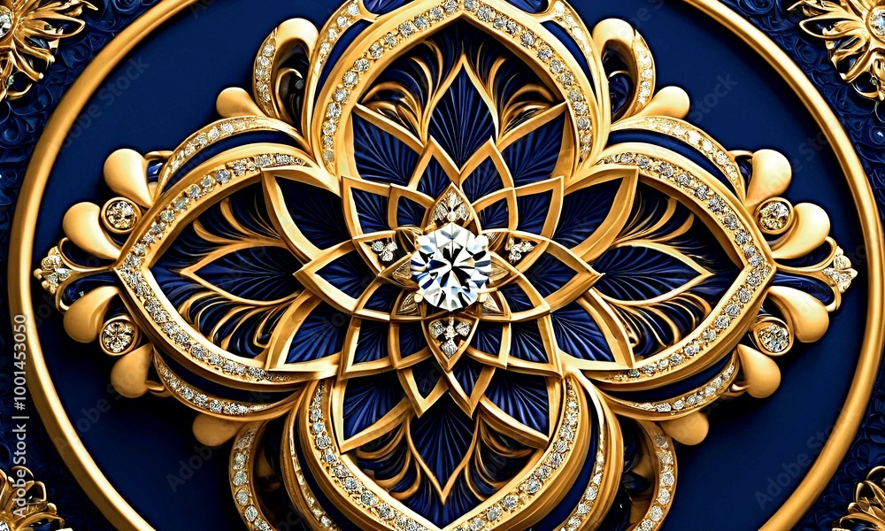 Obraz premium Jewelry background. Gold jewelry on a dark blue background
