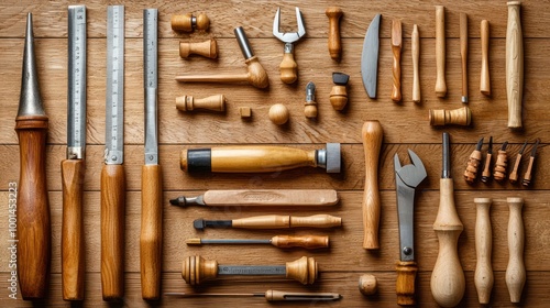 Wallpaper Mural A detailed view of a woodworking tool kit, including measuring instruments and carving tools. Torontodigital.ca