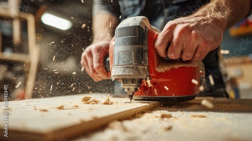 A person using a power tool in woodworking, such as a jigsaw or router, with focus on the toolâ€™s operation. photo