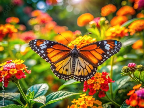 Colorful Butterfly Resting on Vibrant Flowers in Lush Thai Nature Landscape during Bright Daylight