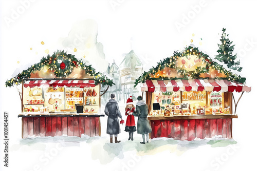 Watercolor depiction of two Christmas market stalls with fesstive decorations and people shopping