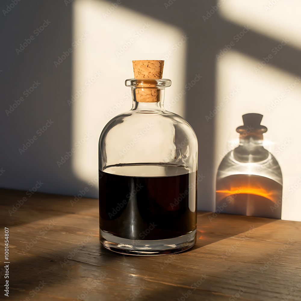 A glass bottle with a cork stopper and a dark liquid. Elegant Glass Bottle with Cork Stopper and Dark Liquid. Stylish and Functional Design. glass bottle with black liquid A glass bottle with a cork stopper and a dark liquid. Elegant Glass Bottle with Cork Stopper and Dark Liquid. Stylish and Functional Design. glass bottle with black liquid