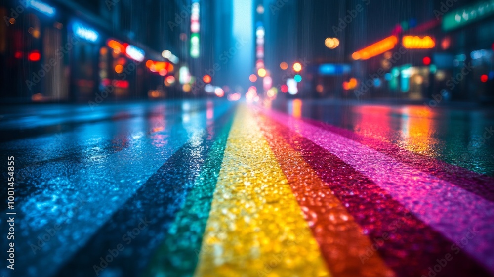A rainbow is reflected in the wet street A rainbow is reflected in the wet street