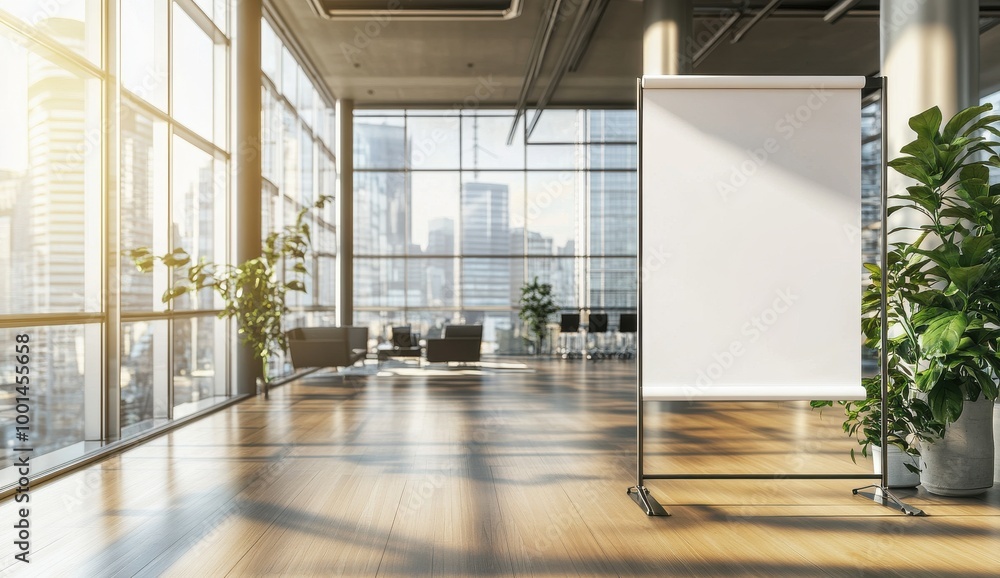 Fototapeta premium White roll-up banner mockup in a modern office with natural light