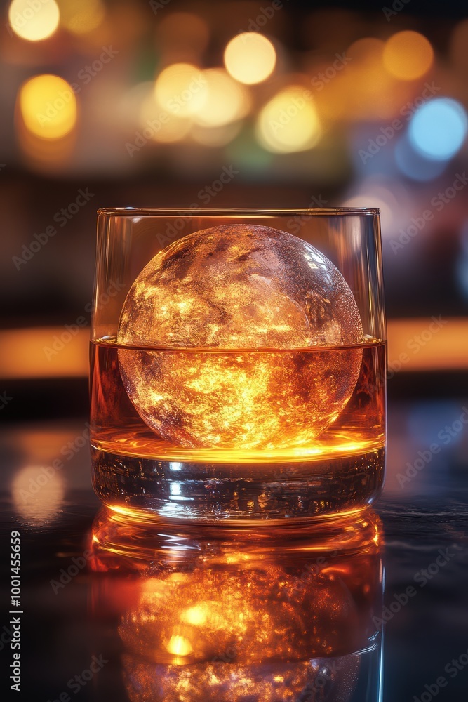 Elegant Glass of Bourbon with Ice Sphere Elegant Glass of Bourbon with Ice Sphere