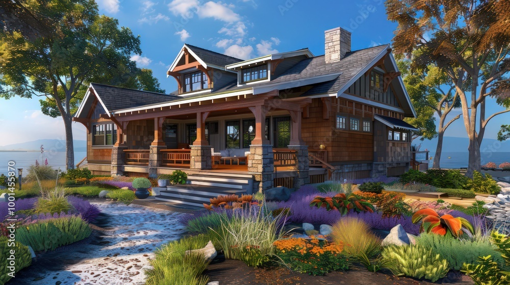 Charming coral Craftsman house by the seaside, with wide porch, rustic woodwork, and colorful landscaping. Charming coral Craftsman house by the seaside, with wide porch, rustic woodwork, and colorful landscaping.