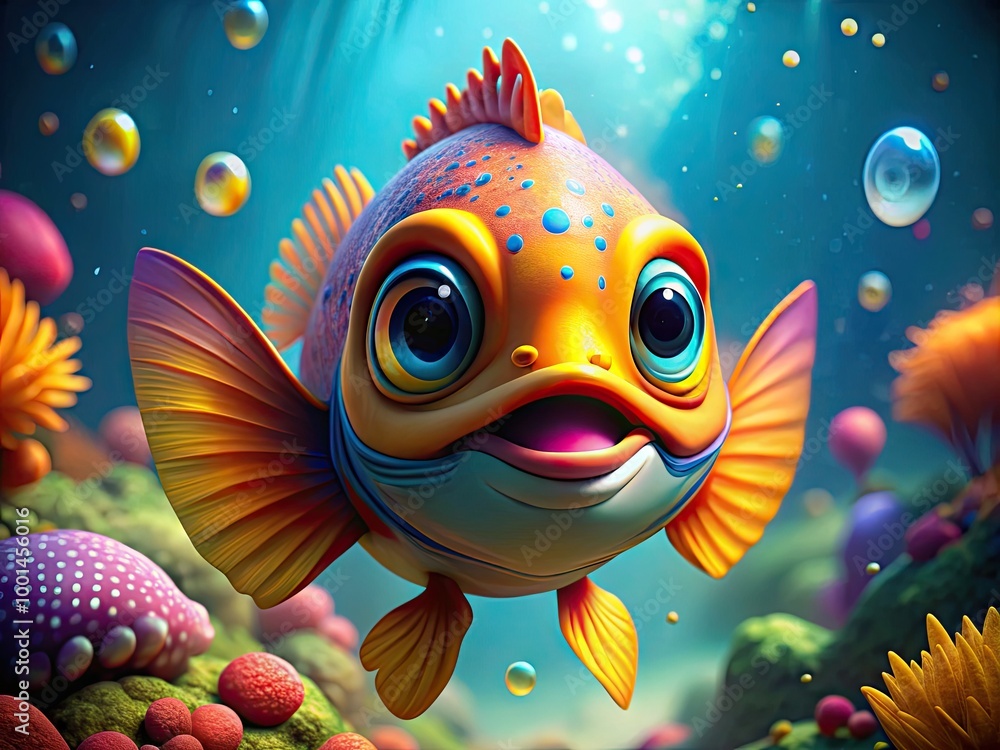 Colorful Cartoon Fish Character with Big Eyes Swimming Joyfully in a Bright Underwater Scene Colorful Cartoon Fish Character with Big Eyes Swimming Joyfully in a Bright Underwater Scene