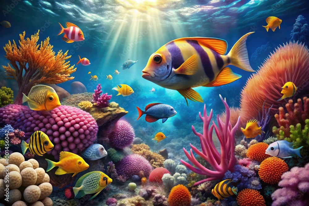 Colorful Cartoon Fish Swimming in a Vibrant Underwater World Full of Coral and Marine Life Colorful Cartoon Fish Swimming in a Vibrant Underwater World Full of Coral and Marine Life