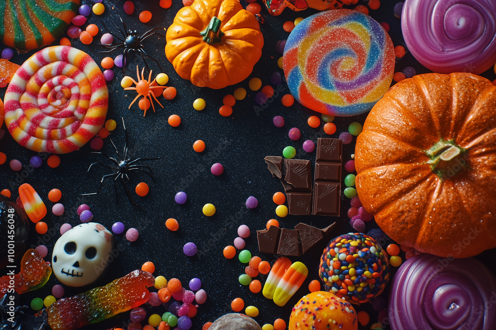 Halloween Candy and Pumpkins on Black Background for Festive Decorations and Celebrations Halloween Candy and Pumpkins on Black Background for Festive Decorations and Celebrations