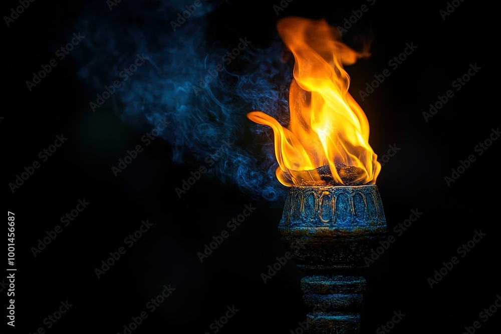 A lit candle in a blue glass holder A lit candle in a blue glass holder