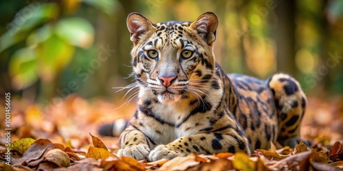 Majestic clouded leopard displaying distinctive patterns amidst fallen leaves in wild forest environment