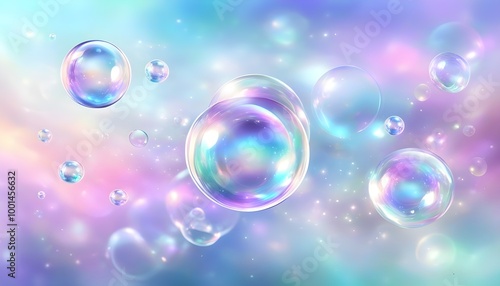 Whimsical Iridescent Soap Bubbles Dancing Against a Soft Pastel Sky