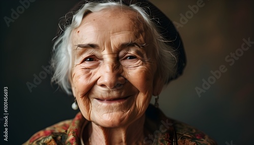 Joyful portrait of a senior woman with a cheerful smile, embracing life as a paraplegic in a warm, inviting setting