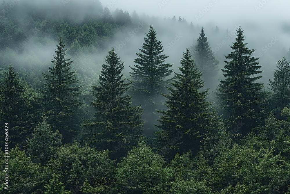 Fototapeta premium A forest with trees covered in fog